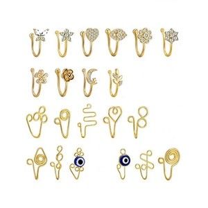 TAMHOO 21 Pcs Multi-Style Fake Nose Rings for Women and Men - 14k Gold Plated